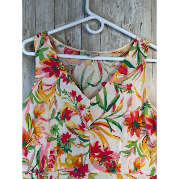 J Crew Linen Blend Tank Top Blouse 10 Orange Multicolor‎ Floral Tropical Peplum - Picture 2 of 5